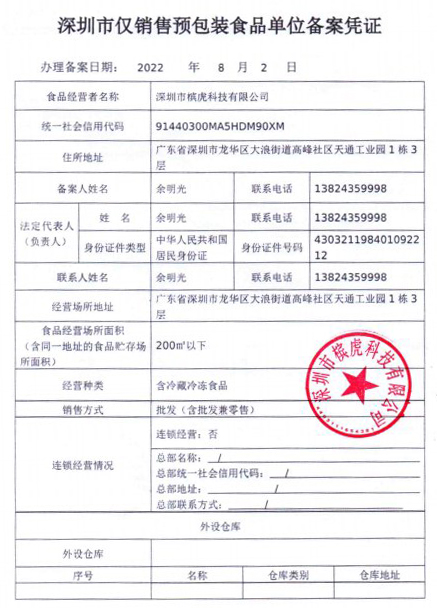 仅销售预包装食品备案的营业执照