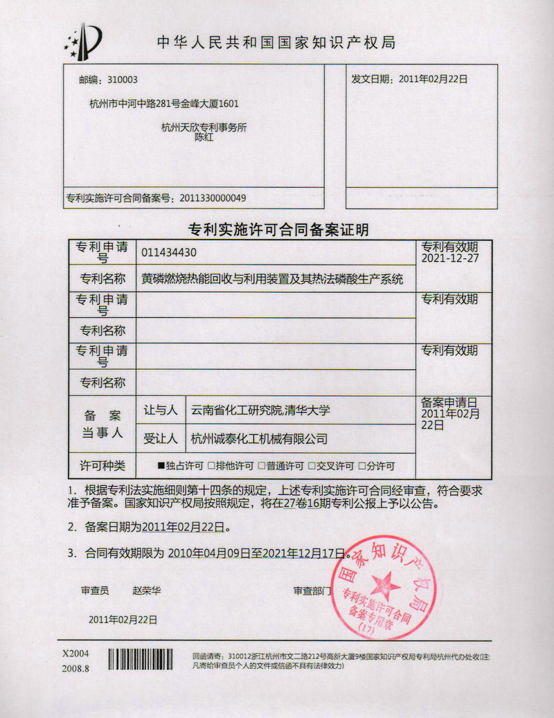 金坛专利许可备案电话