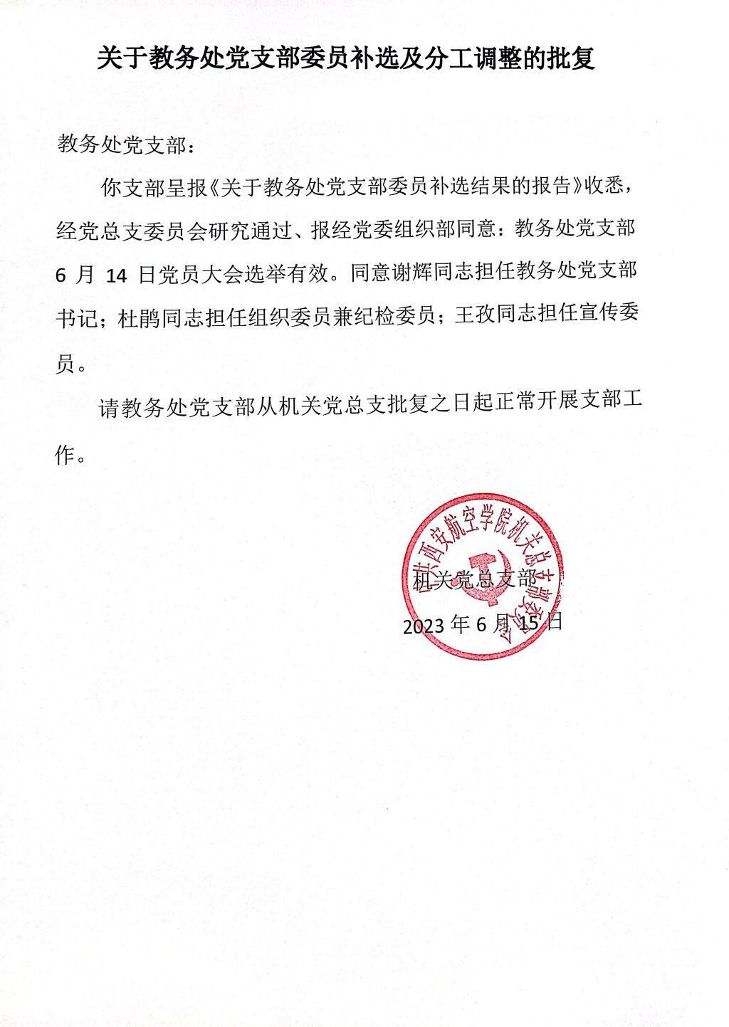 支部委员补选结果报上级备案文件