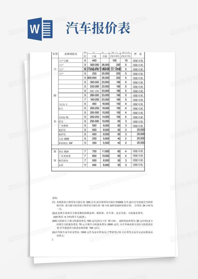 汽车租赁备案的价格